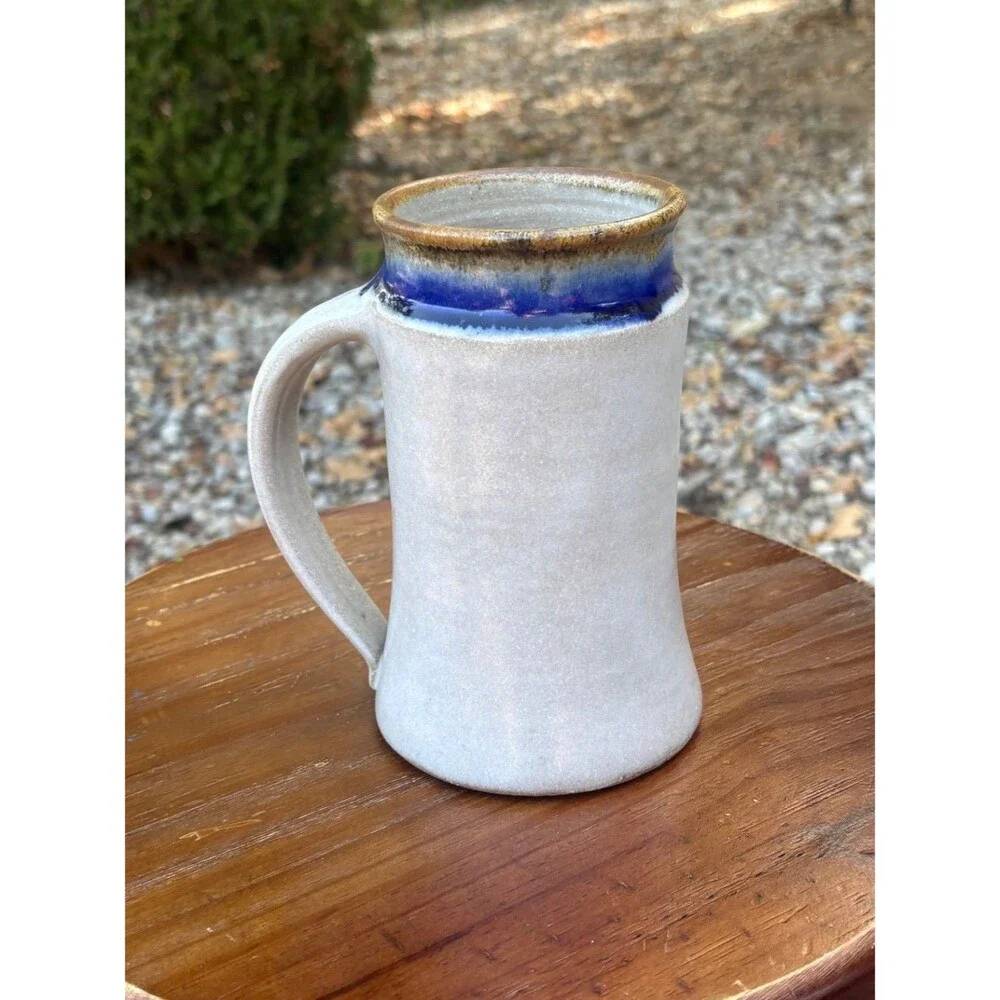 Handmade Studio Pottery Stoneware Pitcher White Blue Brown Glaze Signed